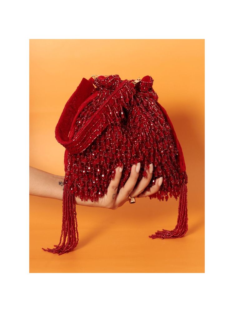 THE TAN CLAN Red Beaded Embellished Potli with Detachable Handle