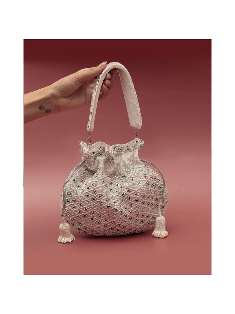 THE TAN CLAN White Sequined Potli Bag with Detachable Handle-picture-8