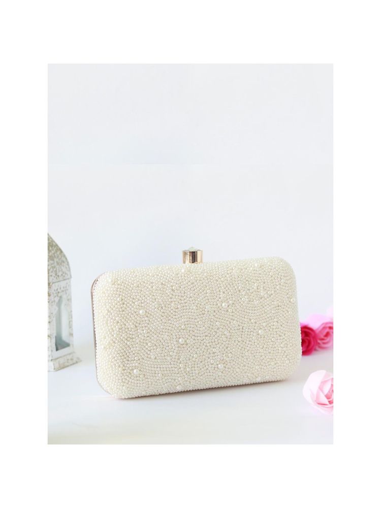 THE TAN CLAN White Pearl Embellished Clutch with Detachable Chain Strap