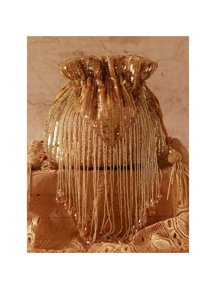 THE TAN CLAN Gold Sequined Tassle Potli with Handle