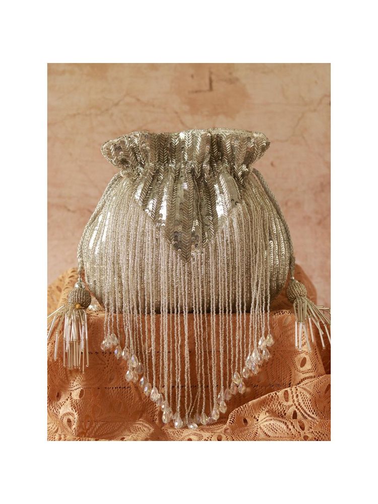 THE TAN CLAN Silver Sequined Tassle Potli with Handle-picture-34