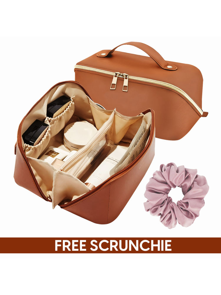 Matra Travel Makeup Bag Cosmetic Storage Leather Vanity Pouch Makeup Organiser - Brown-image-31