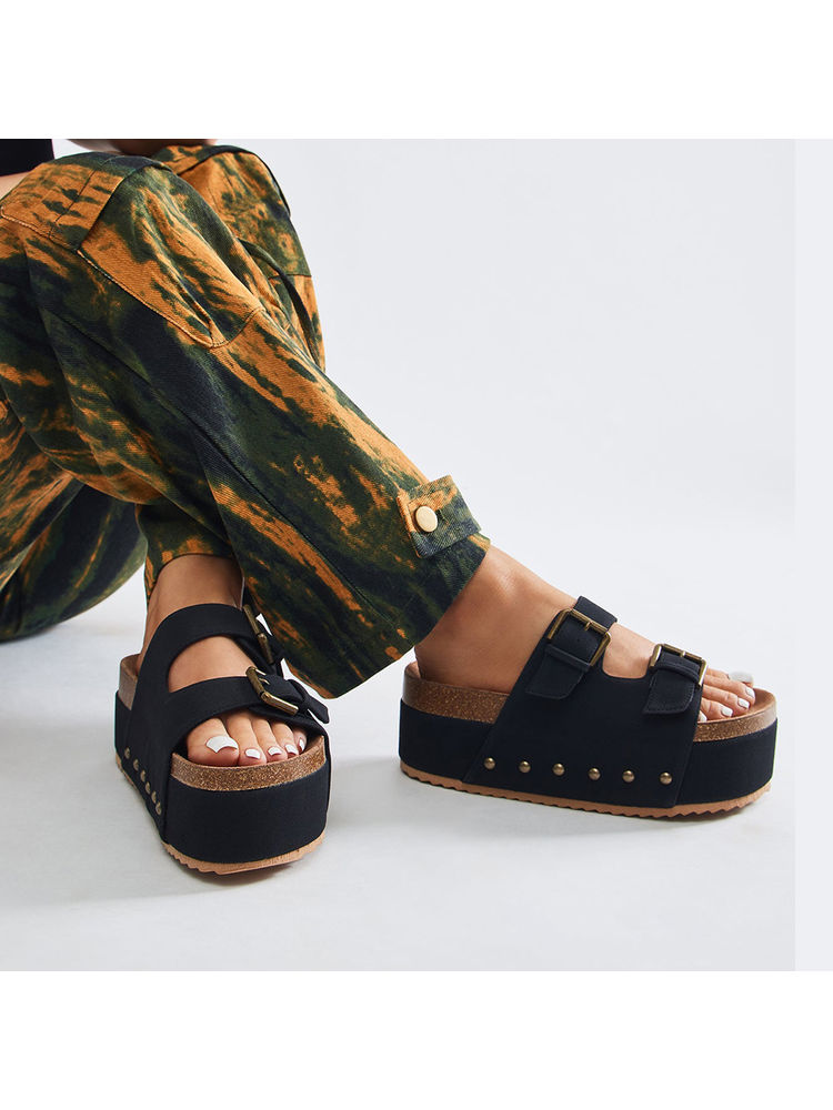 IRUSSH Black and Brown Strappy Flatform Sandals-image-4