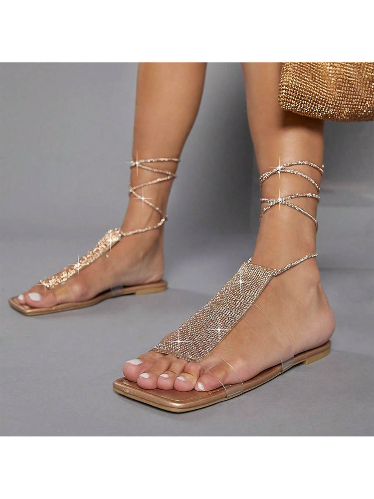 IRUSSH Copper Rhinestone Tie-Ups Flats-image-48