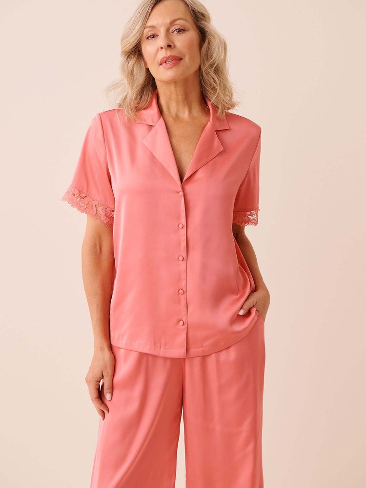 La Vie En Rose Lace Trim Satin Button-Down Shirt-image-23