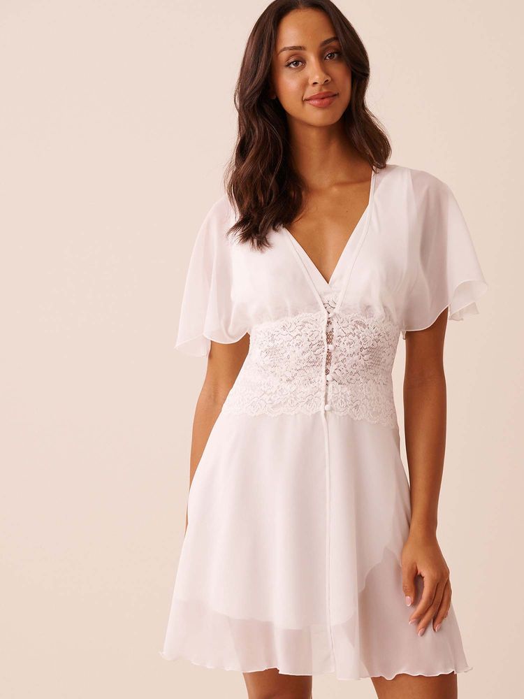La Vie En Rose Chiffon and Lace Open Front Night Dress - White-picture-12