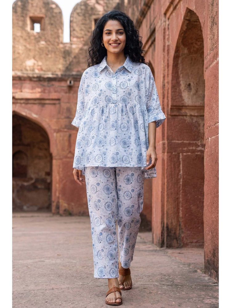 SAY White Collar Neck Ethnic Pure Cotton Kaftan Night Suit for Women-image-10