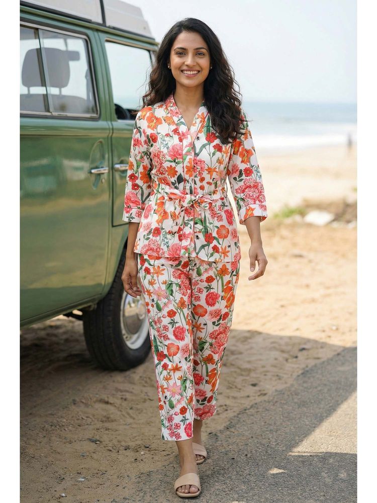 sanskrutihomes SAY Off White V-Neck Floral Print Satin Night Suit for Women-picture-22