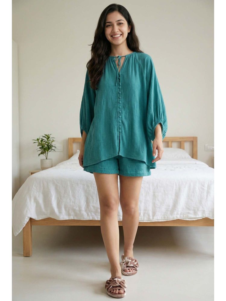sanskrutihomes SAY Green V-Neck Solid Print Pure Cotton Night Suit for Women-picture-20