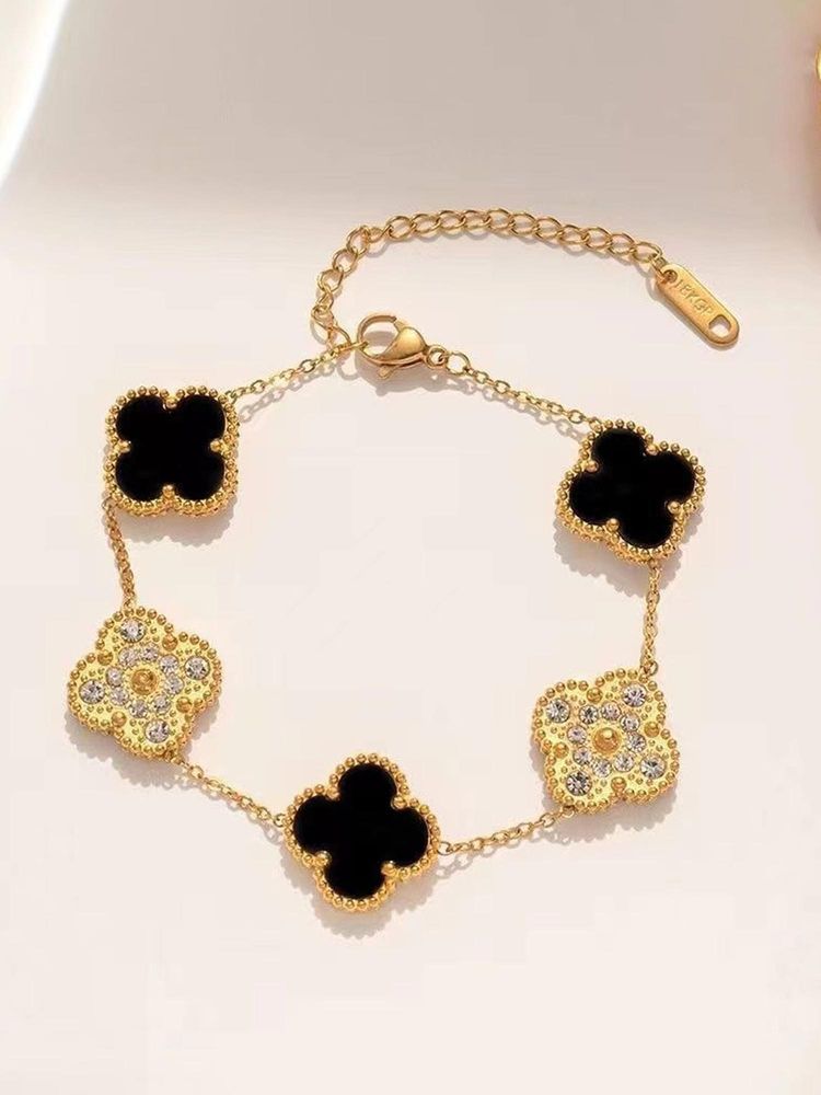 Designs & You Women Stainless Steel Gold-Plated Ad Studded Black Clover Link Bracelet-picture-14