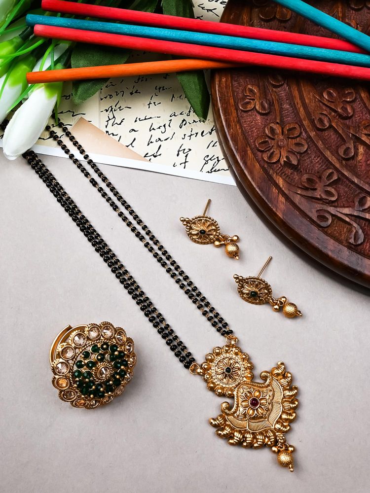 STILEADDA Green Rajwadi Mangalsutra and Earrings with Green Polki Ring-picture-17