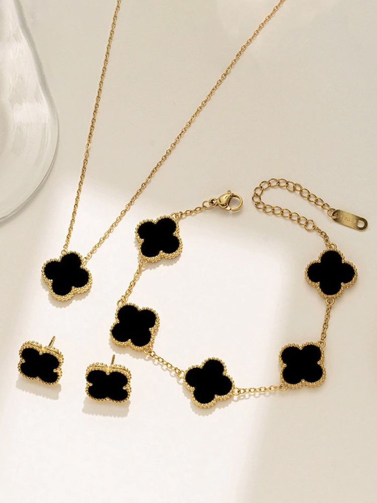 Jewels Galaxy Stainless Steel Gold Plated Black Anti Tarnish Clover Jewellery Set-picture-10