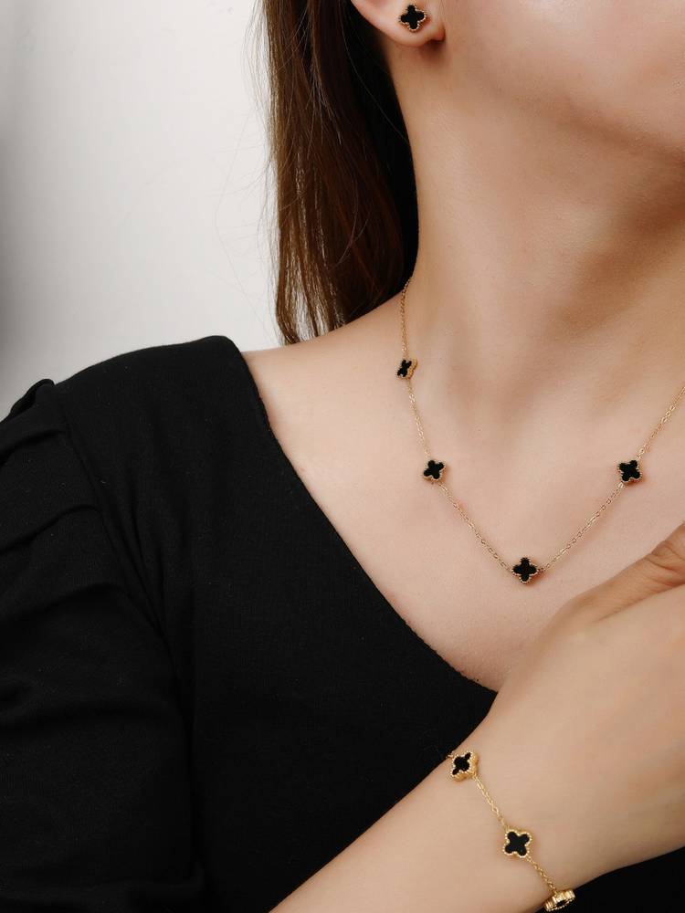 Jewels Galaxy Stainless Steel Gold Plated Black Anti Tarnish Clover Jewellery Set-picture-20