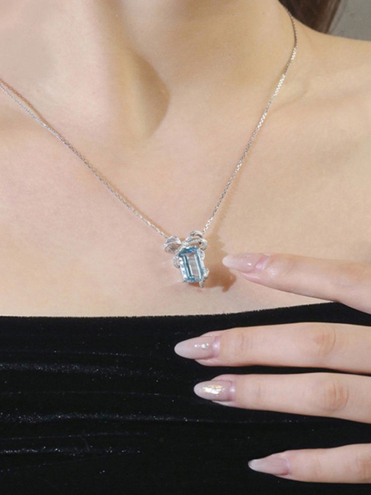 Jewels Galaxy Silver Plated American Diamond Blue Geometrical Contemporary Pendant Necklace-image-16