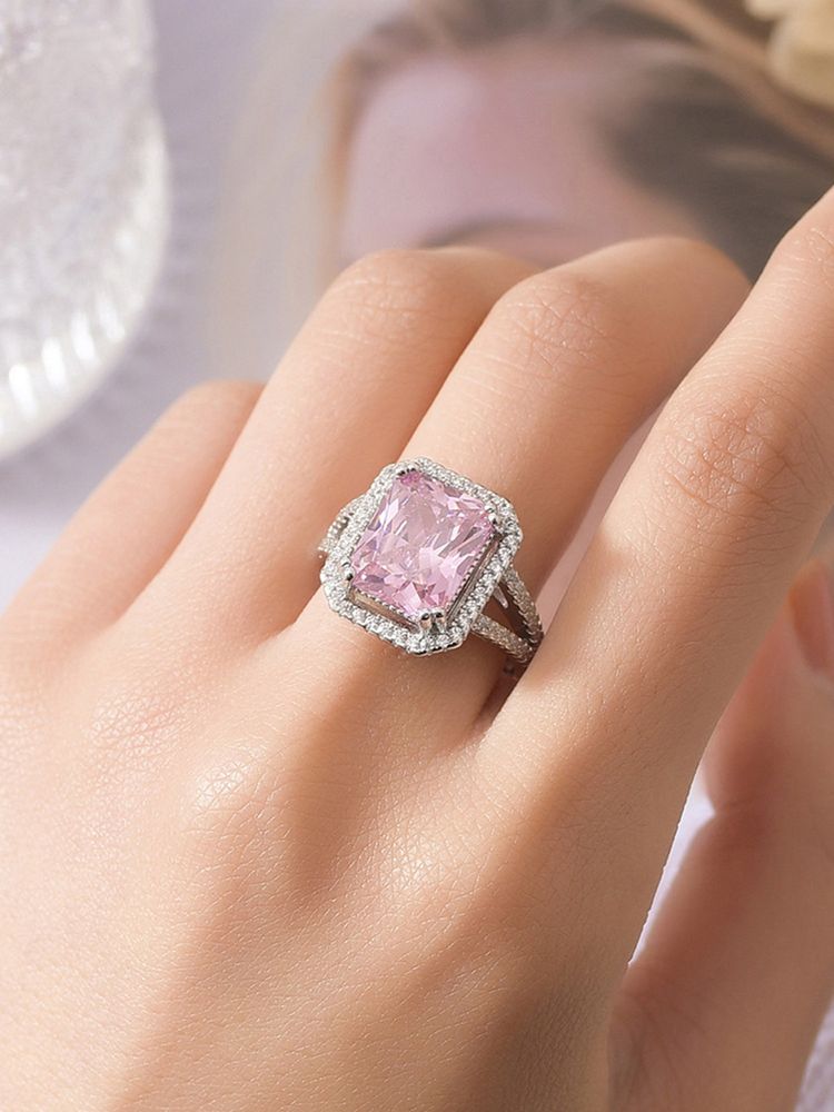 Jewels Galaxy Silver Plated American Diamond Crushed Ice Cut Rectangular Pink Finger Ring-image-1