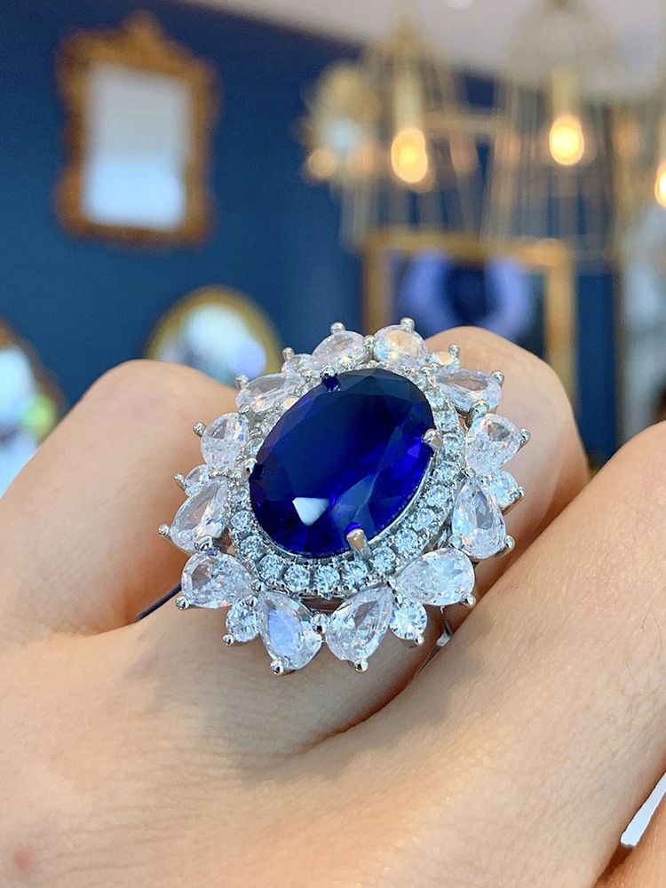 Jewels Galaxy Silver Plated American Diamond Crushed Ice Cut Navy Blue Oval Finger Ring-image-32