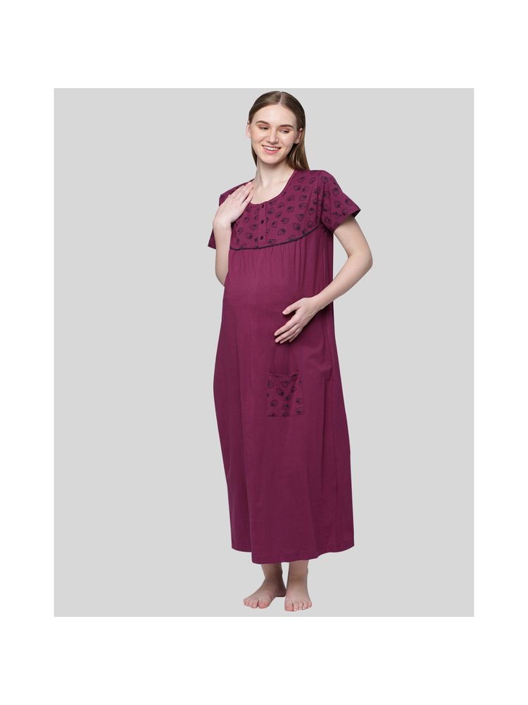 Kryptic Women Burgundy Pure Cotton Printed Maternity Night Dress-picture-19