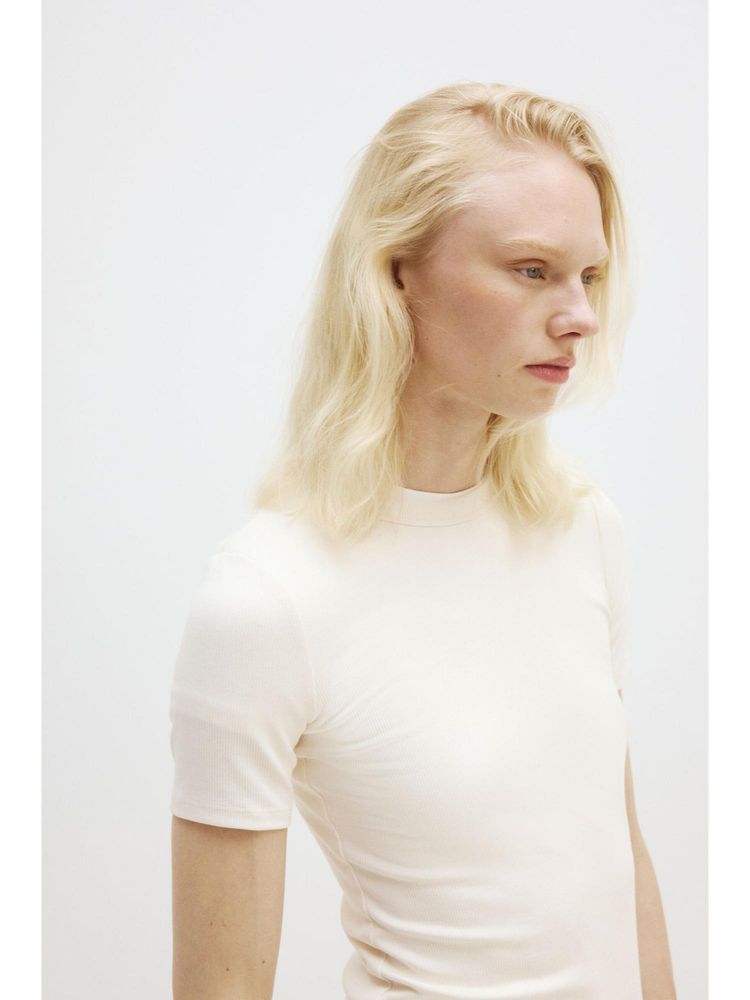 H&M Women White Cooling Slim Fit Ribbed T-Shirt-image-4
