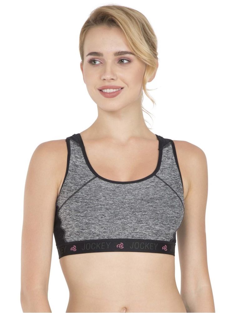 Jockey AP20 Wirefree Padded Tactel Nylon Elastane Racer Back Sports Bra-Black Melange-image-3