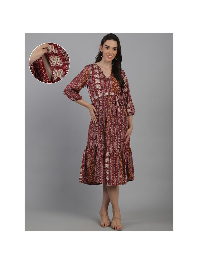 Moms Maternity Womens Crepe Tribal and Maroon Midi Dress with Belt (Set of 2)-picture-40