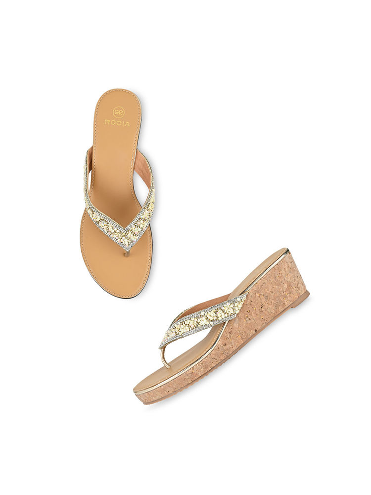 ROCIA Regal Gold Women Embroidered Thong Wedges