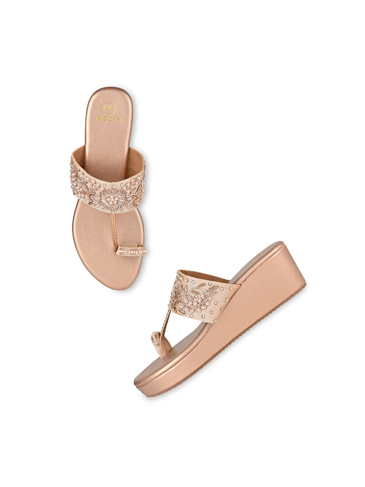 ROCIA Regal Rose Gold Women Hand Embroidered Wedges-picture-12