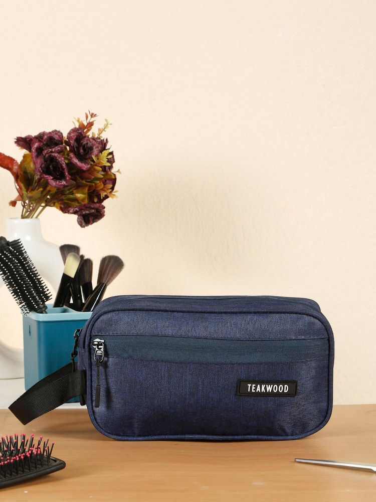 Teakwood Khadi Navy Blue Compact Dual-Zip Travel Toiletry Bag-image-23