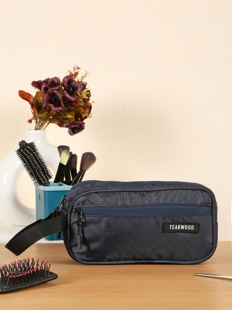 Teakwood Navy Blue Compact Dual-Zip Travel Toiletry Bag-image-21