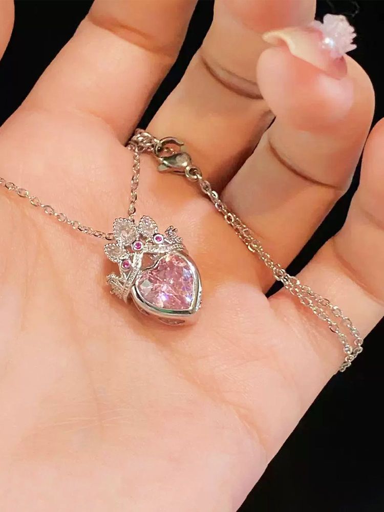 Jewels Galaxy Gold Plated Anti Tarnish Stainless Steel Heart Themed Pink Crown Necklace-picture-19