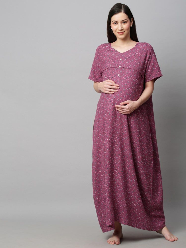 MomToBe Women Plum Mauve Floral Maxi Maternity Nightdress-picture-17