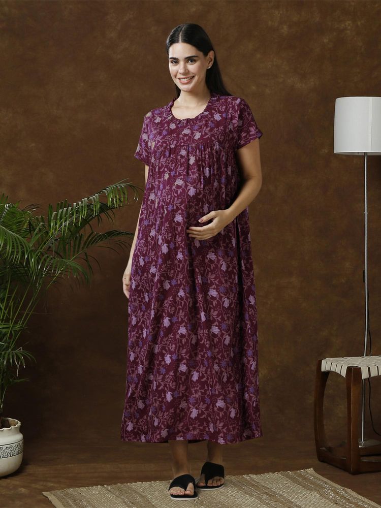 MomToBe Women Purple Printed A-Line Maxi Nightdress-picture-11