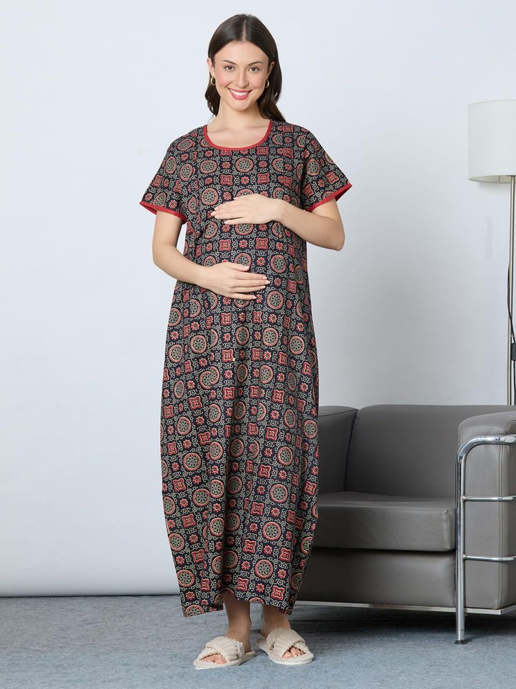 MomToBe Women Navy Blue Printed A-Line Feeding Nighty-image-2