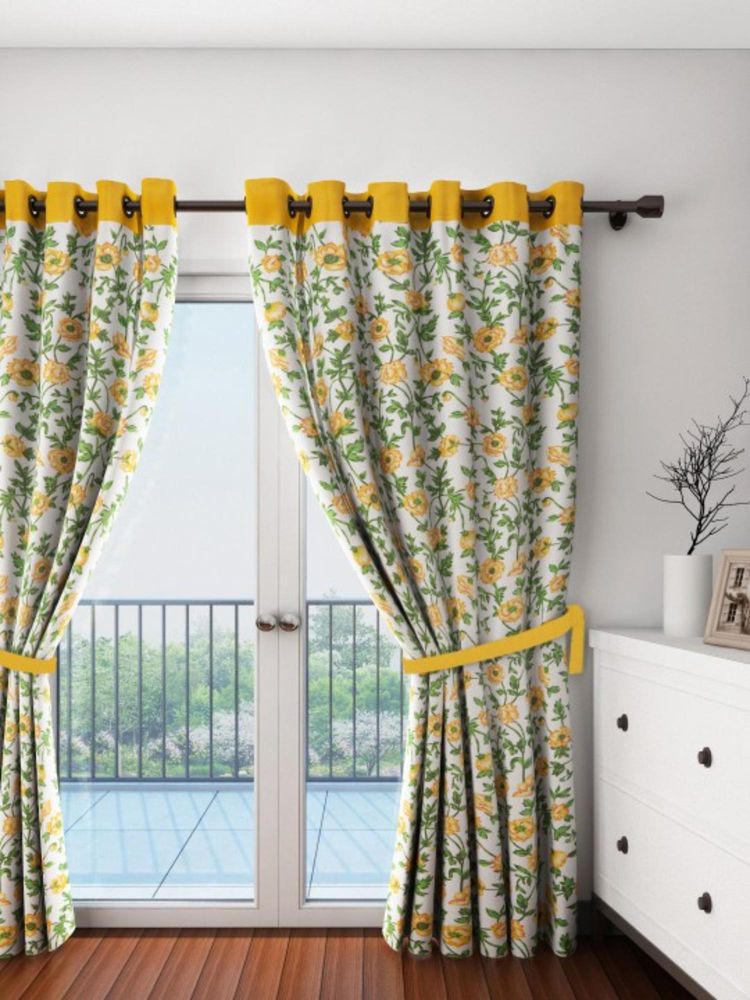 Swayam Blackout Eyelet Door Curtain - White With Yellow Floral Print & Border (7 feet)-image-9