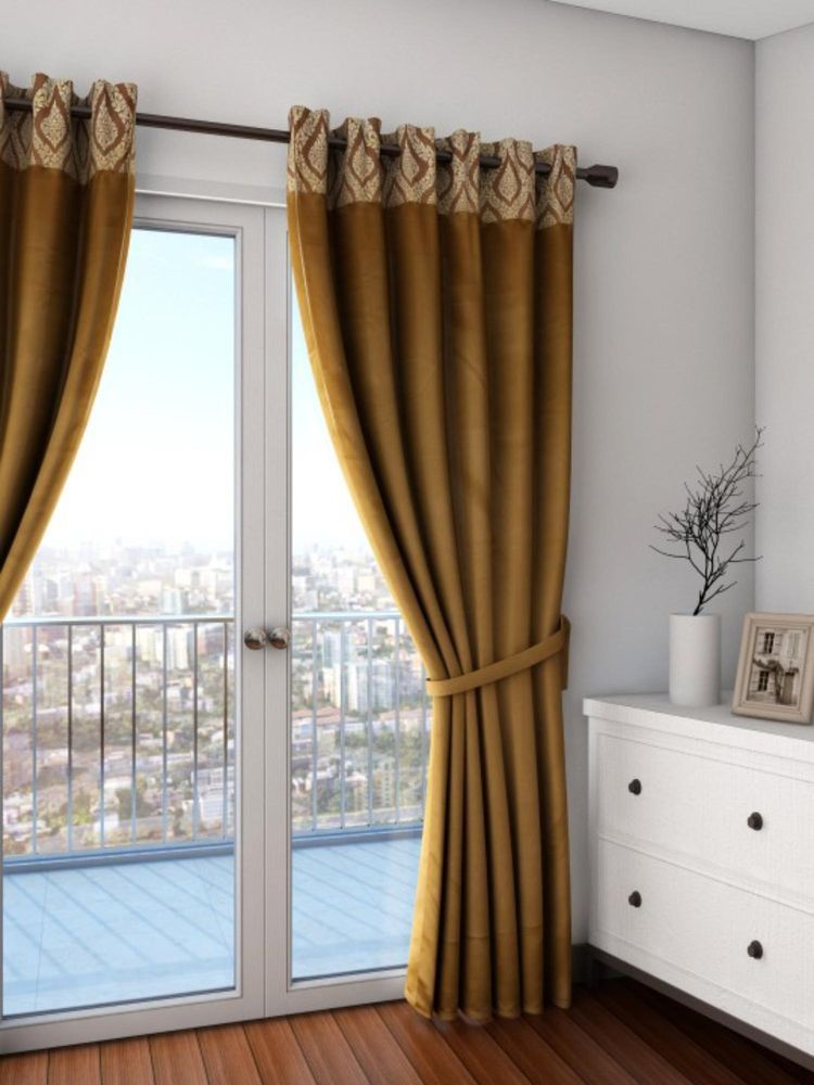 Swayam Blackout Eyelet Door Curtain - Solid Mustard With Paisley Border (7 feet)-image-15