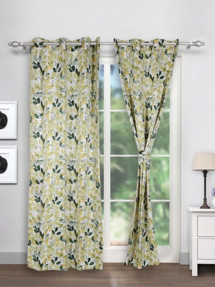 Swayam Blackout Eyelet Door Curtain - White With Green & Yellow Botanical Leaf Print-image-13