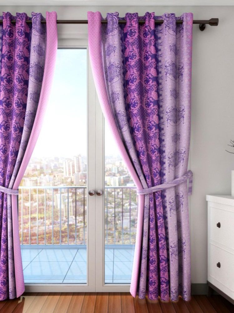 Swayam Blackout Eyelet Long Door Curtain - Damask Print In Purple & Pink (9 feet)-image-26