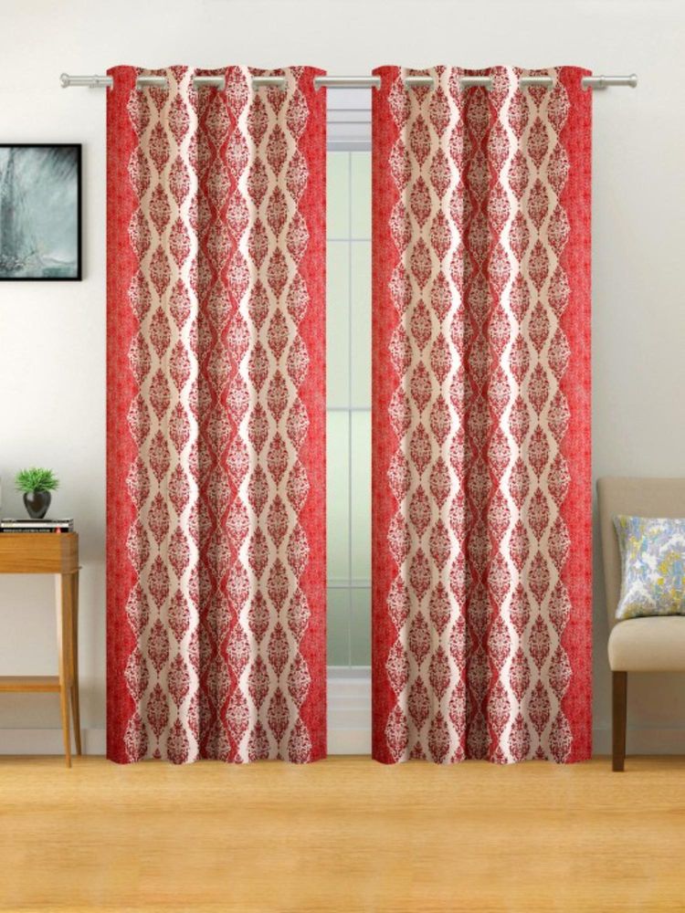 Swayam Blackout Eyelet Long Door Curtain - Red & Beige With Ethnic Pattern (9 feet)-image-6