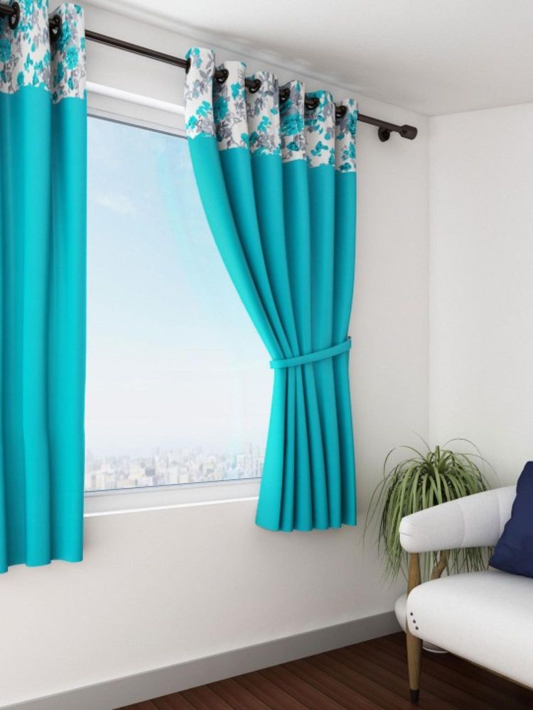Swayam Blackout Eyelet Window Curtain - Solid Turquoise With Floral Print Border-image-2