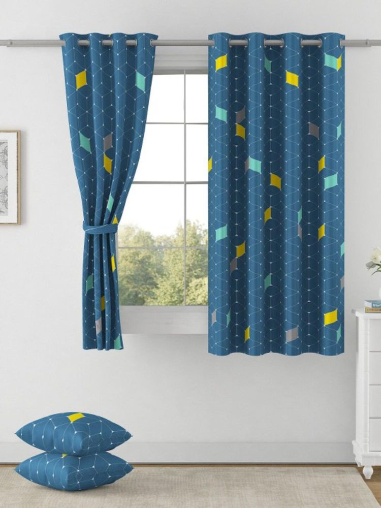 Swayam Blackout Eyelet Window Curtain - Navy Blue With Geometric Print-image-8