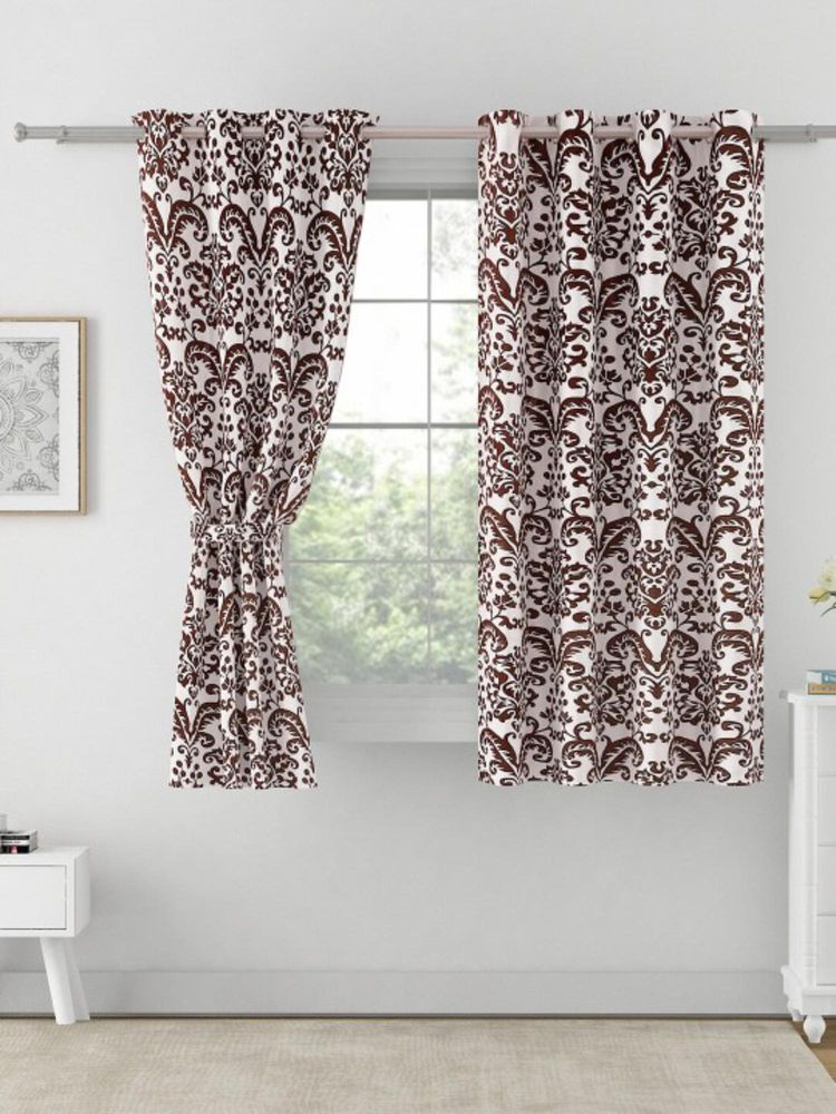 Swayam Blackout Eyelet Window Curtain - White With Brown Damask Print-image-33