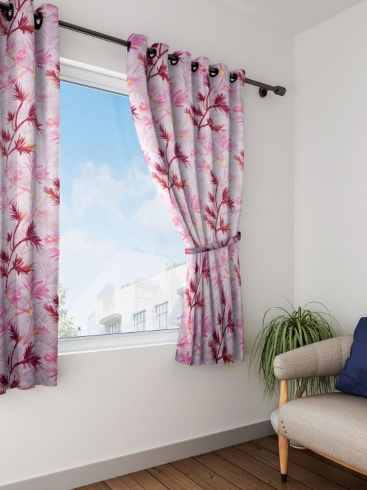 Swayam Blackout Eyelet Window Curtain - Floral Print In Pink & Red On White Base-picture-24