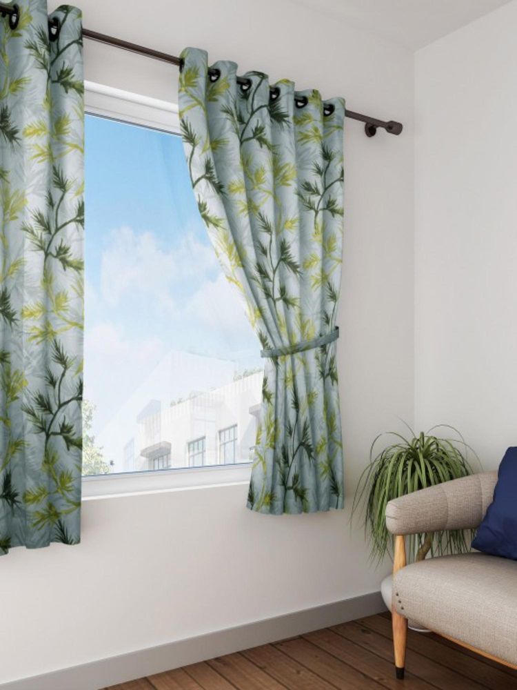 Swayam Blackout Eyelet Window Curtain - Green Leaf Print On Light Grey Base (5 feet)-image-14