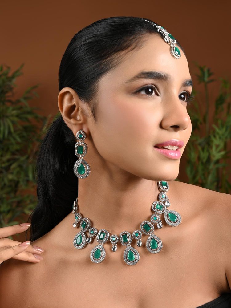 I Jewels Green Silver-Plated Kundan-Studded Jewellery Set-picture-23