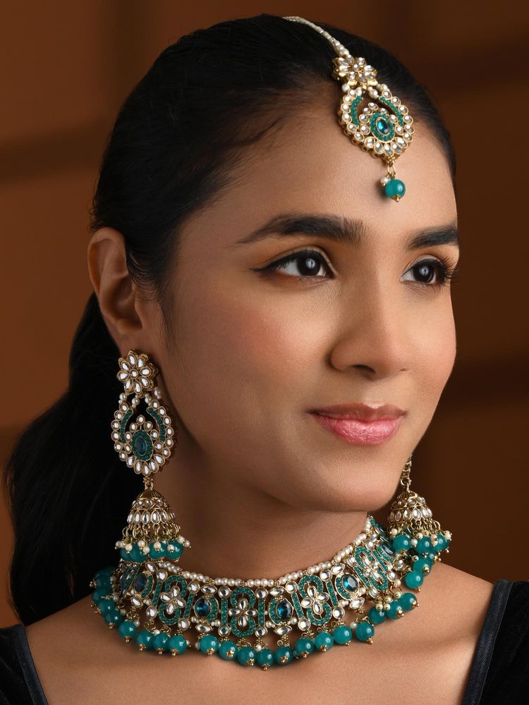 I Jewels Gold Plated Traditional Kundan Pearl Choker Necklace Jewellery Set-picture-12