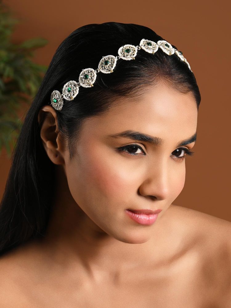 I Jewels Green Gold Plated Floral Kundan Pearl Sheesh Patti-image-28