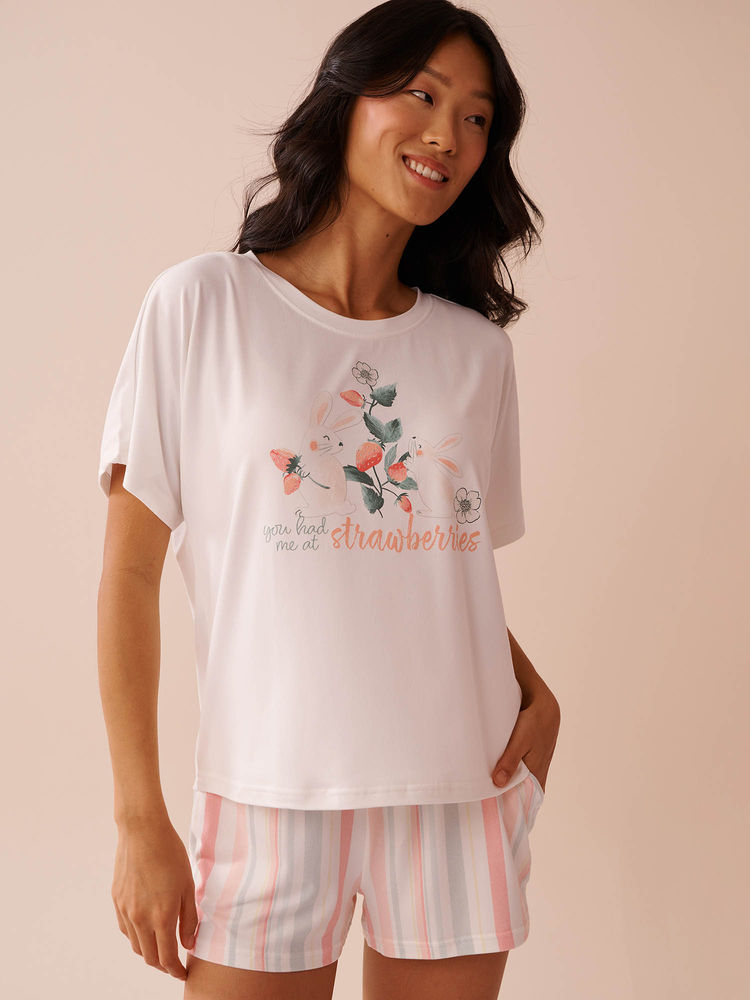 La Vie En Rose Rabbit and Strawberry Print Super Soft Loose Fit T-Shirt-image-10