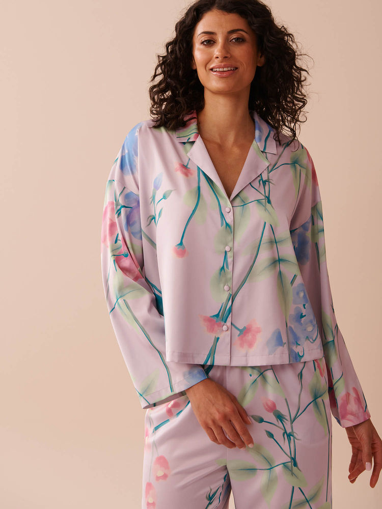 La Vie En Rose Lavender Garden Print Satin Button-Down Shirt-picture-11