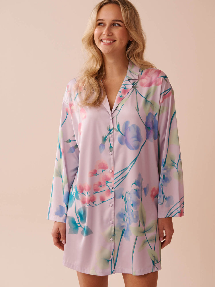 La Vie En Rose Lavender Garden Print Long Sleeve Satin Sleepshirt-image-3
