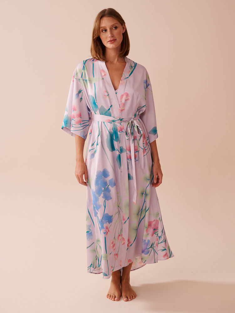 La Vie En Rose Lavender Garden Print Long Satin Kimono-image-35