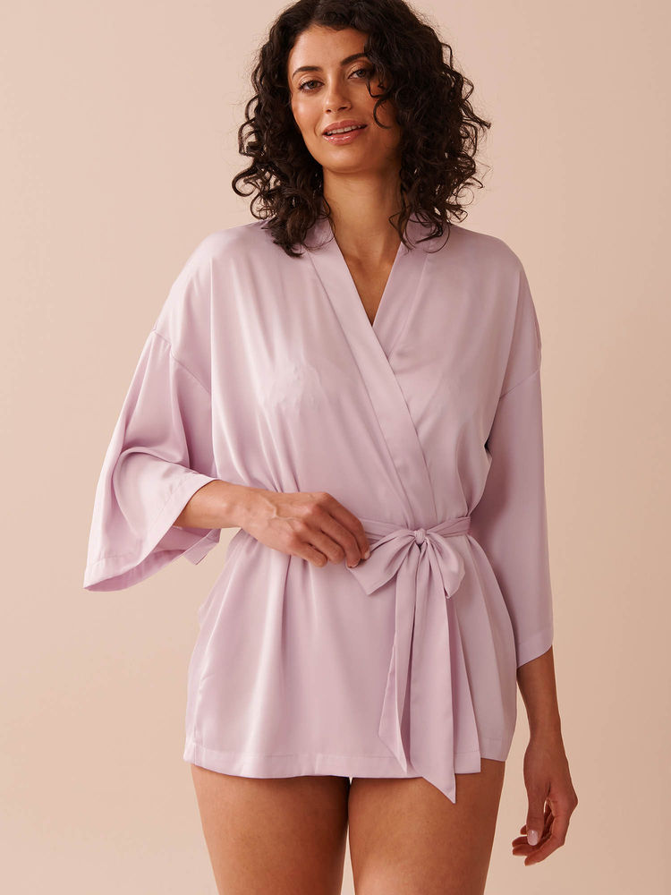 La Vie En Rose Lavender Short Satin Kimono-image-5